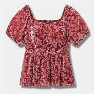 NWT Torrid 2 2X Velvet Burnout Sweetheart Babydoll Puff Sleeve Top Blouse Plus